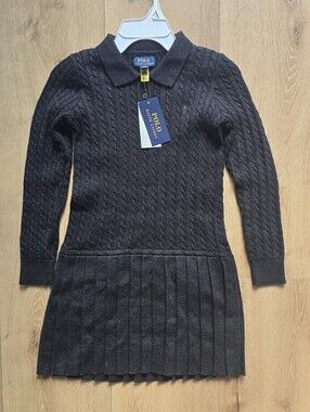 NWT Polo Ralph Lauren Girls Black Cable Knit Sweater Dress Pleated 7 8 10